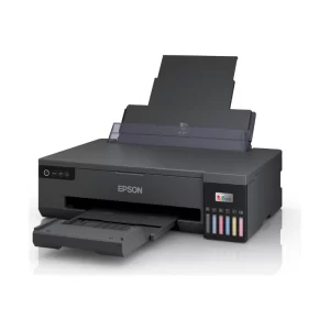 EPSON L18050 A3+ 六色熱昇華印表機左前方斜角外觀,後方進紙架展開
