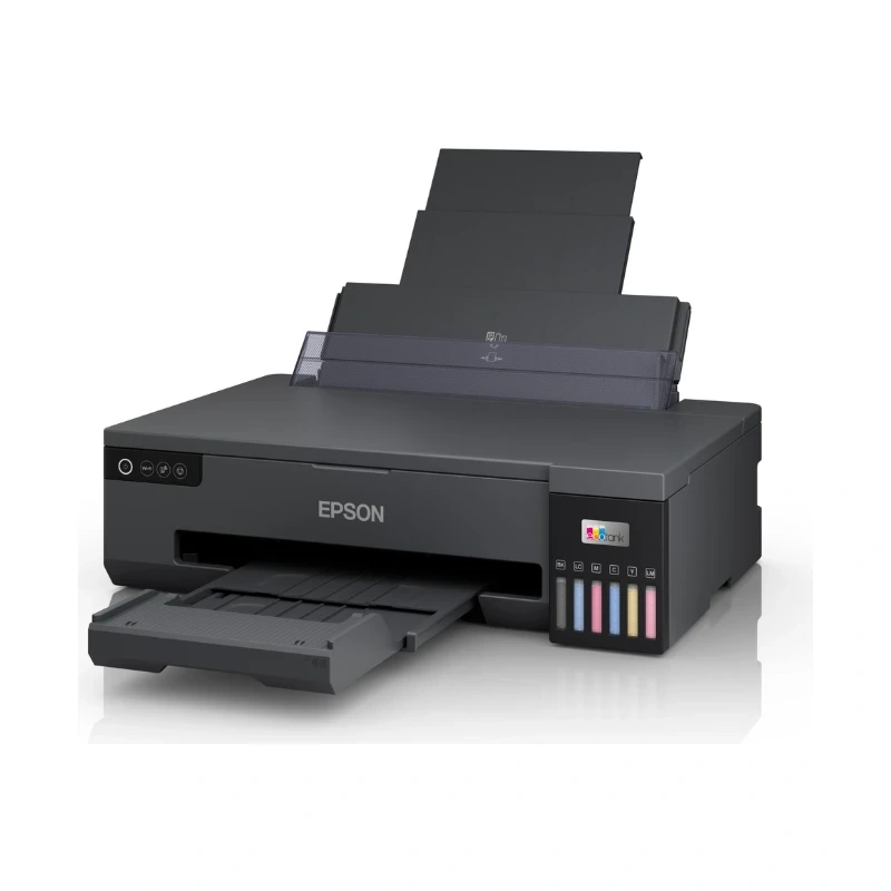 EPSON L18050 A3+ 六色熱昇華印表機左前方斜角外觀，後方進紙架展開