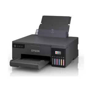EPSON L8050 A4 六色熱昇華印表機左前方斜角外觀,後方進紙架展開