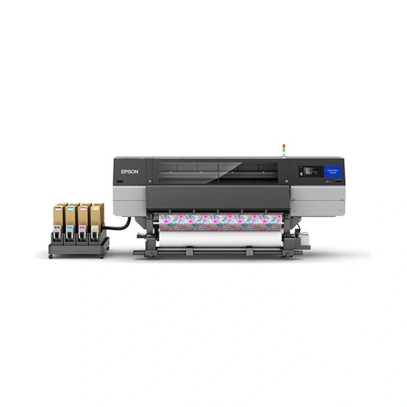 EPSON SureColor SC-F10030 76吋工業級四色熱昇華紡織輸出機正面外觀與外接墨水架