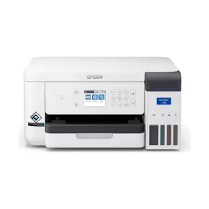 EPSON SureColor SC-F130 A4 熱昇華印表機正面外觀與右側四色墨水槽