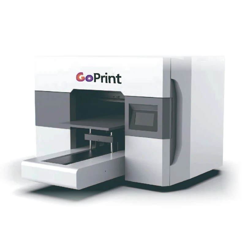 GoPrint A3 桌上型 UV 平板直噴機正面外觀，含升降式吸風平台與觸控面板
