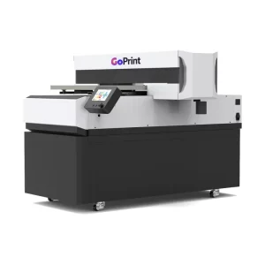 GoPrint JW-6090 UV 平板直噴機搭配選購黑色底座櫃斜角外觀,含觸控螢幕與腳輪