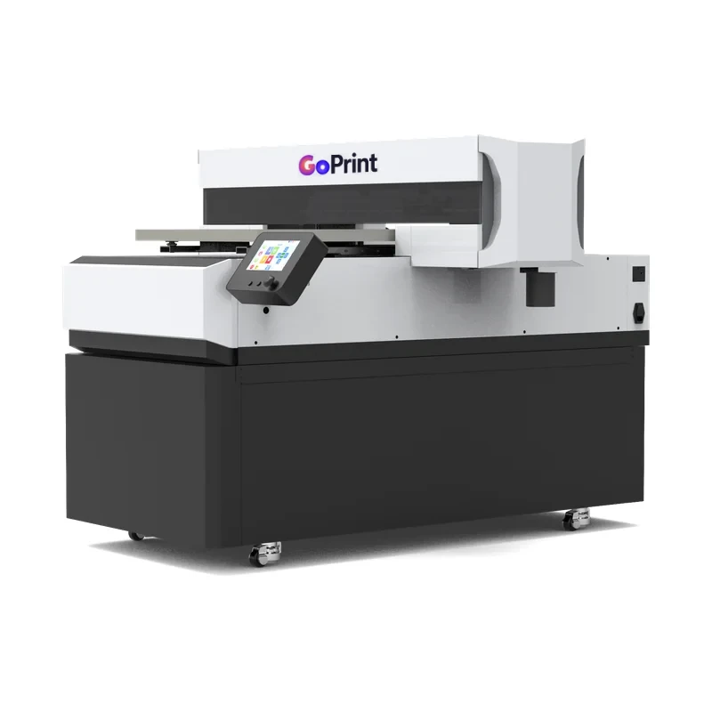 GoPrint JW-6090 UV 平板直噴機搭配選購黑色底座櫃斜角外觀,含觸控螢幕與腳輪