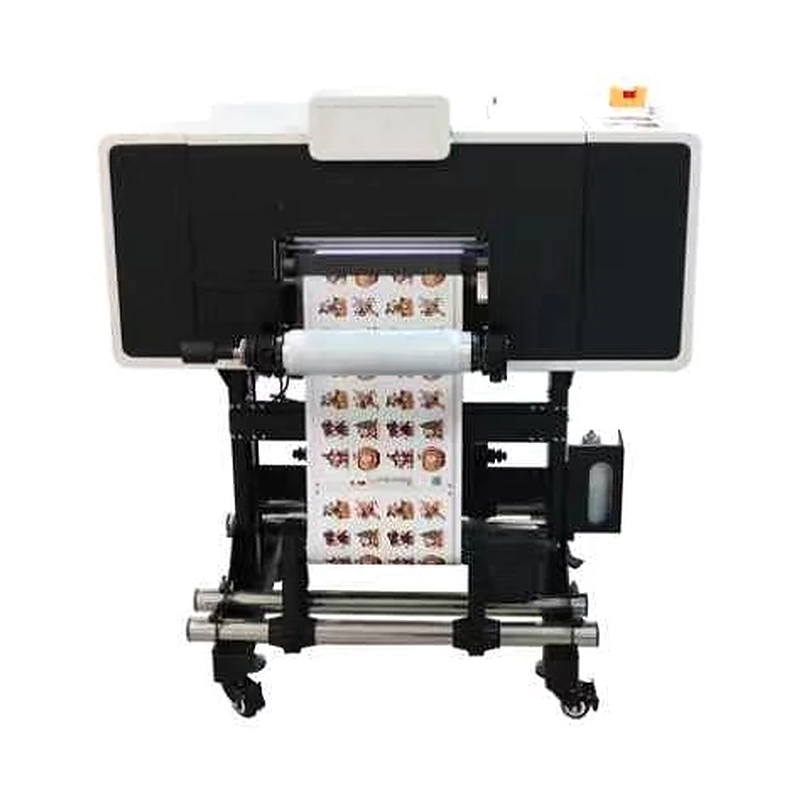 ST-30 A3 UV DTF 水晶機正面外觀，含列印覆膜機身、膜卷與附輪腳架